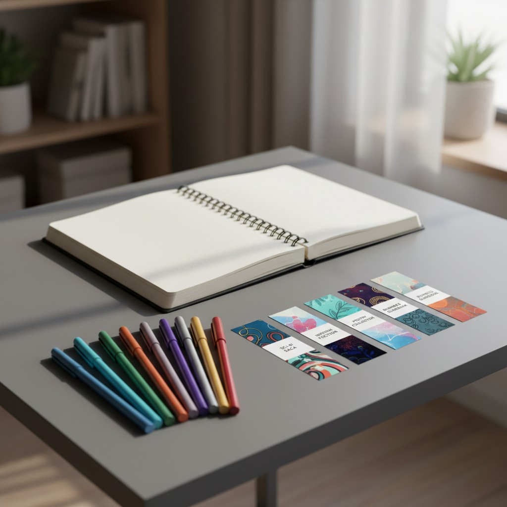 A desk with an open book, colorful pens, and bookmarks.