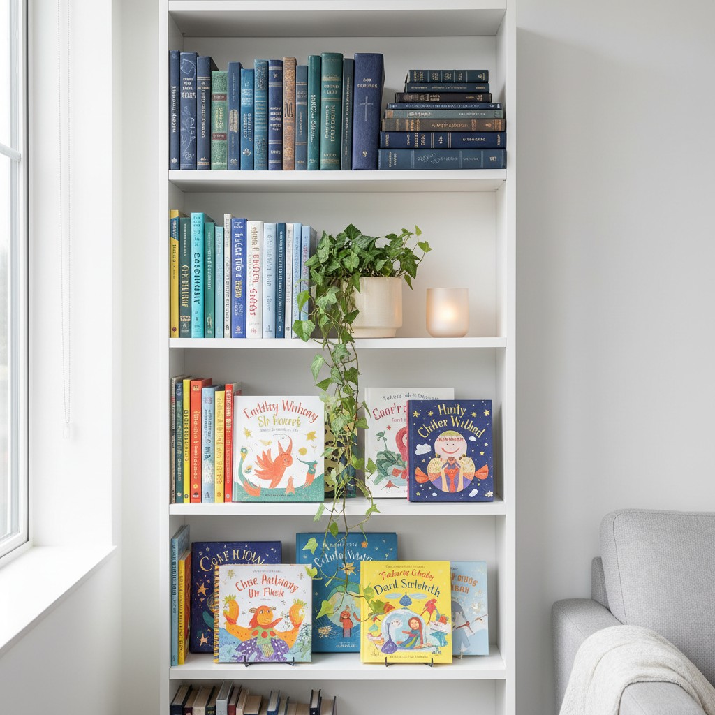 A cluttered white bookshelf in a living area, with a book covering the bottom cubby and seven shelves of diverse books above.